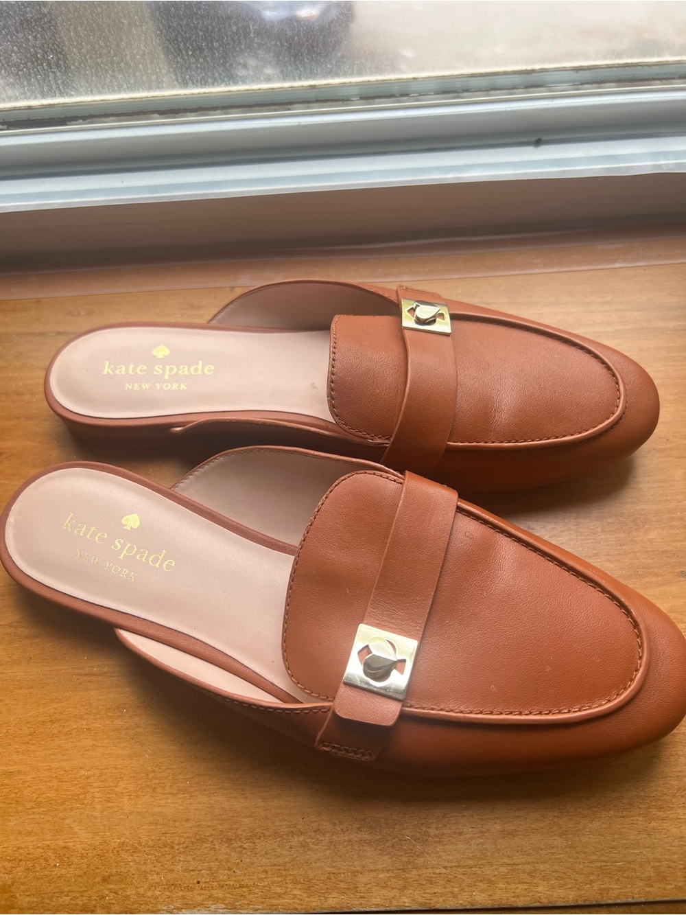 kate spade Tan Leather Mule Loafers with Gold Accent size US8